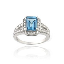 925 Silver 1.9ct London Blue Topaz  Diamond Accent Emerald-Cut Split Shank Ring