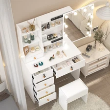6 Drawers White Dressing Table Set 10 LED Lights Mirror Vanity Makeup Desk