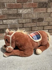 Hug Fun Large Brown Horse Plush 26” Plaid Saddle Sit on Sound Button works