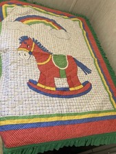 Vtg. Baby Quilt Crib Blanket Rocking Horse - Handmade With Ruffles 37 x 47