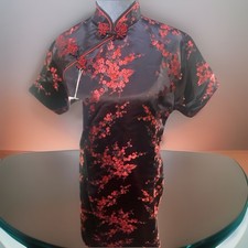 Vtg-Style BITABLUE Chinese Qipao Dress L 12 Black Red Sakura Blossom Satin Gown