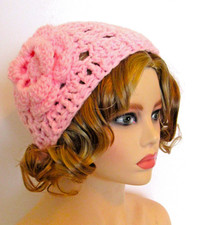 CLASSIC BOHO BEANIE HAT CAP PINK MESH OPEN WEAVE FLOWER HANDMADE CROCHET