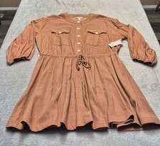 New Nine West XL Peach Utility Dress button up Drawstring Crew Neck 3/4 Sleeve