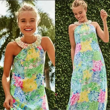 Lilly Pulitzer Shawn Maxi dress tunic beaded Pearl Cheek To Cheek Patchwork XXS