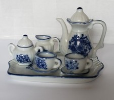 Vintage Andrea By Sadek Blue White Mini Tea Set Flower Tray Cup Saucer Dollhouse