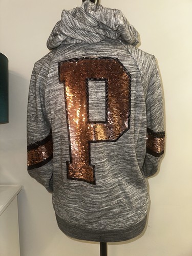 VICTORIA'S SECRET PINK MARL GRAY SEQUINS BLING PERFECT HOODIE SWEATSHIRT L - Picture 9 of 15