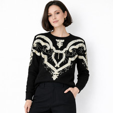 Vtg 80s 90s Black Sweater Beaded Sequins Size L Silk/Angora Long Sleeve Bling