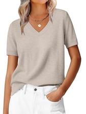 Womens 100 Wool Sweaters Short Sleeve V Neck Tops Business Large Apricot