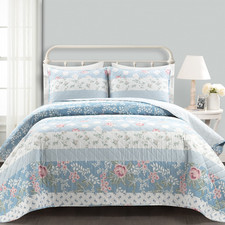 Lush Decor Cottage Core Flower Stripe Reversible Cotton Quilt 3 Piece Set