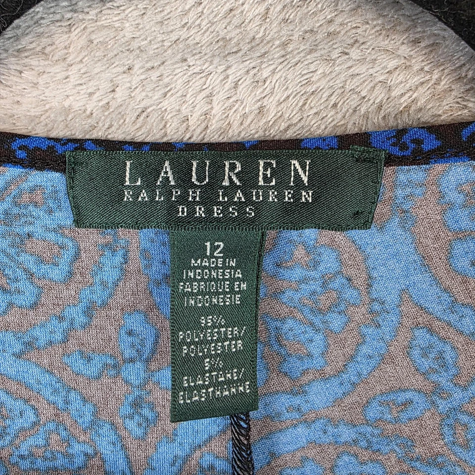 Lauren Ralph Lauren Dress Womens 12 Blue Brown Wrap Surplice Ruched Medallion - Image 2 of 4