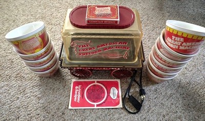 Vintage 1976 Sunbeam Great American Popcorn Machine Wagon Corn Popper Cups Cards