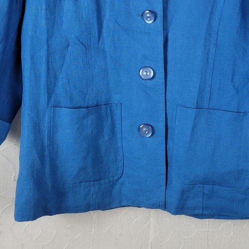 JM Collection Womens Linen Jacket 4 Petite Blue Button Front Pockets 3/4 Sleeve - Picture 9 of 11