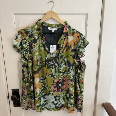 Chelsea & Theodore Green Patterned Sleeveless Blouse Ruffle Tie Neck 3X New $58