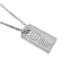 Christian Dior logo plate dog tag pendant necklace rhinestone silver color acces