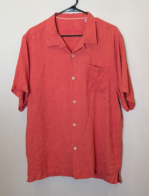 Tommy Bahama Men's XL 100% Silk Camp Shirt Coral Red Short Sleeve Button Up
