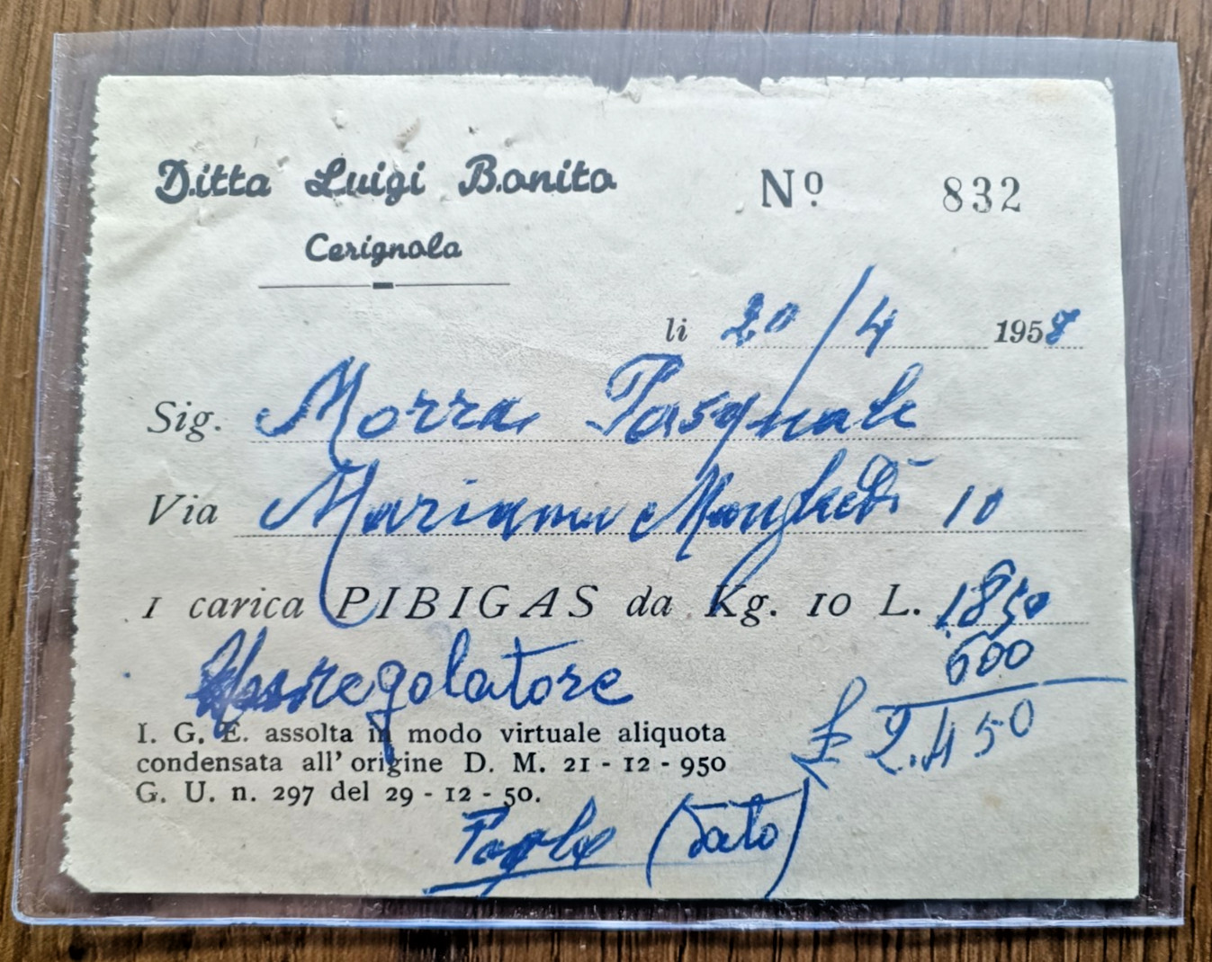 1958 Cerignola PIBIGAS Ricevuta di Pagamento Ditta Luigi Bonito -1693