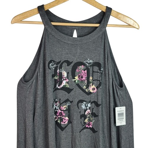 Torrid Love Sleeveless Tunic Top Gray 1X Crew Neck Floral Keyhole Sharkbite NWT - Picture 2 of 7