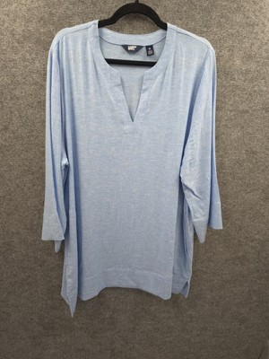 Land's End Top Women's XL Pockets 3/4 Sleeve Linen Blend Pullover Y-Neck Blue
