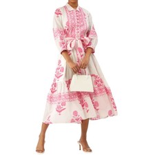 Jaipur Morni Pink White Block Print Midi Tie Waist Cotton Collared Dress