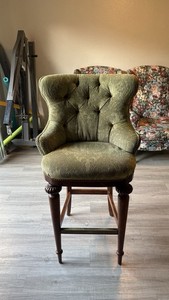 Green Floral Upholstered Barstool with Backrest, Dark Wood Frame, 29 in