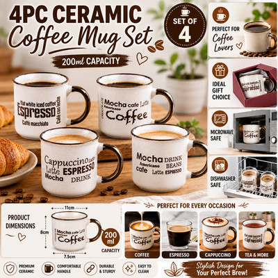 4er Set Keramik Kaffeetassen 200ml Cappuccino Latte Teetassen Küchenset