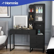 5 Drawers Vanity Desk Makeup Table Shelves w/ Mirror LED Light & Power Outlets