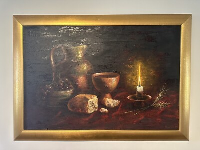Oil Painting Jug Grapes Bread Candle Wheat Artist Signed Rosamaria 1992