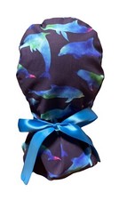 Dolphins Medical Hat Ponytail Nurse Scrub Cap SATIN LINED For Long Hair Buttons