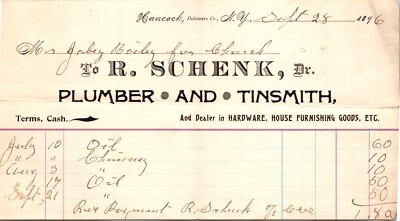R Schenk Hancock NY Delaware County 1896 Billhead Plumber and Tinsmith