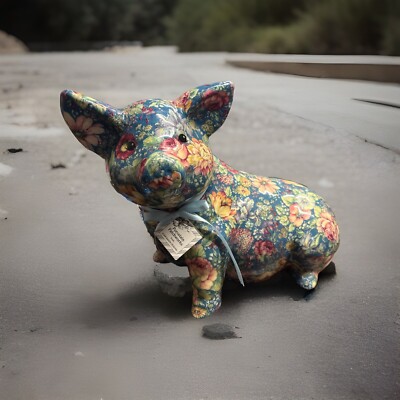 Vintage Pig Figurine Porcelain Floral Patchworks Designs Joan Baker Decorations.