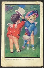 Boy Girl Titled The Meeting Vintage Postcard Posted 1908 Damaged