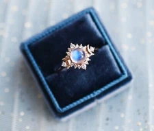 Natural Round Moonstone Rose Gold Plated Silver Moon Engagement Ring For Women