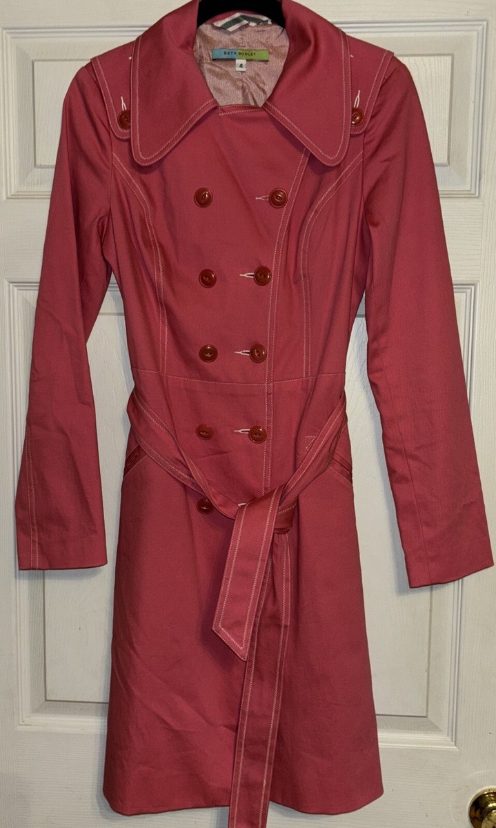 Beth Bowley Sz Pink Trench Coat Belted Jacket 100% Cotton Lined
