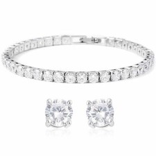 Womens Round Cz 4mm Tennis Bracelet With a Set of 925 Sterling Silver Studs 