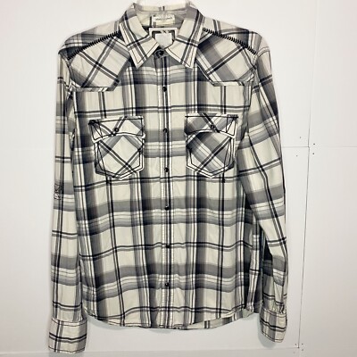 BKE Mens Small Athletic Fit Long Sleeve Pearl SnapPlaid Shirt White Black Gray