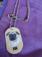 PUG DOG Puppy dog tag style necklace 15" long slip over silver beads chain  B3