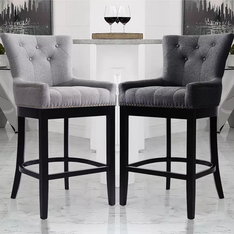 1 2X High Back Bar Stool Pub Chairs Upholstered Seat Kitchen Dining Bistro Grey