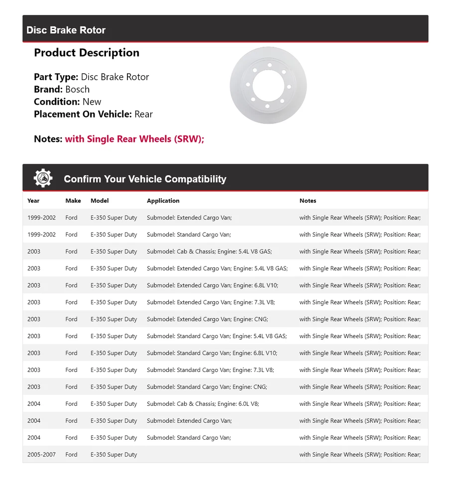 Rotor de freno de disco trasero 2000 para Ford E-350 Super Duty Bosch QuietCast 1999-2007 Foto 2 de 4