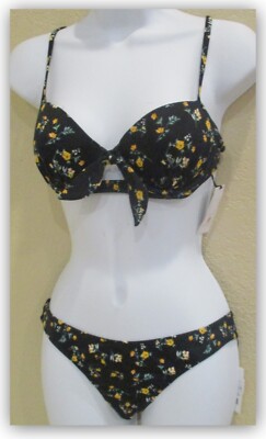 Shade & Shore BIKINI SET Black w Floral 32B TOP w Bow Extra Cheeky Bottom SMALL