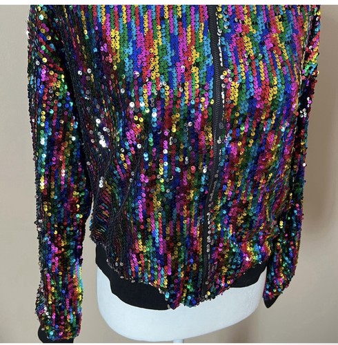 Medium Sequin Sparkle Party Long Sleeve Zipper Bomber Jacket. - Picture 4 of 10