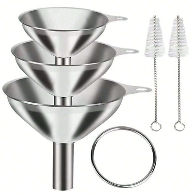 5PCS Stainless Steel Funnel Set   Large & Small Sizes for Kitchen with 2 Brushes