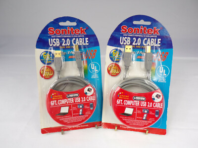 TWO NEW Vintage Sonitek USB 2.0 Cables A / B Plug 6' Gold Series SN-USB06-AM/BM