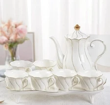 14 Pcs Tea Set for 6 with Tea Tray & Spoons, Luxury British Style Tea/Coffee Cup