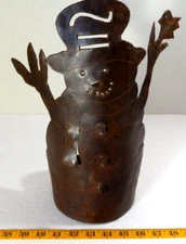 Rustic Metal Snowman Pillar Candle Holder Primitive Winter Christmas
