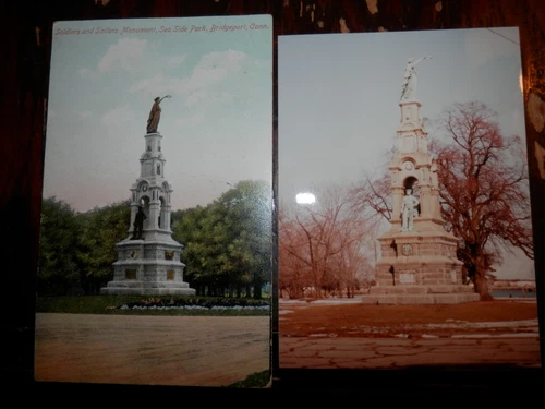 BRIDGEPORT CT - CIVIL WAR - SOLDIERS MONUMENT - OLD Postcard plus MODERN PHOTO