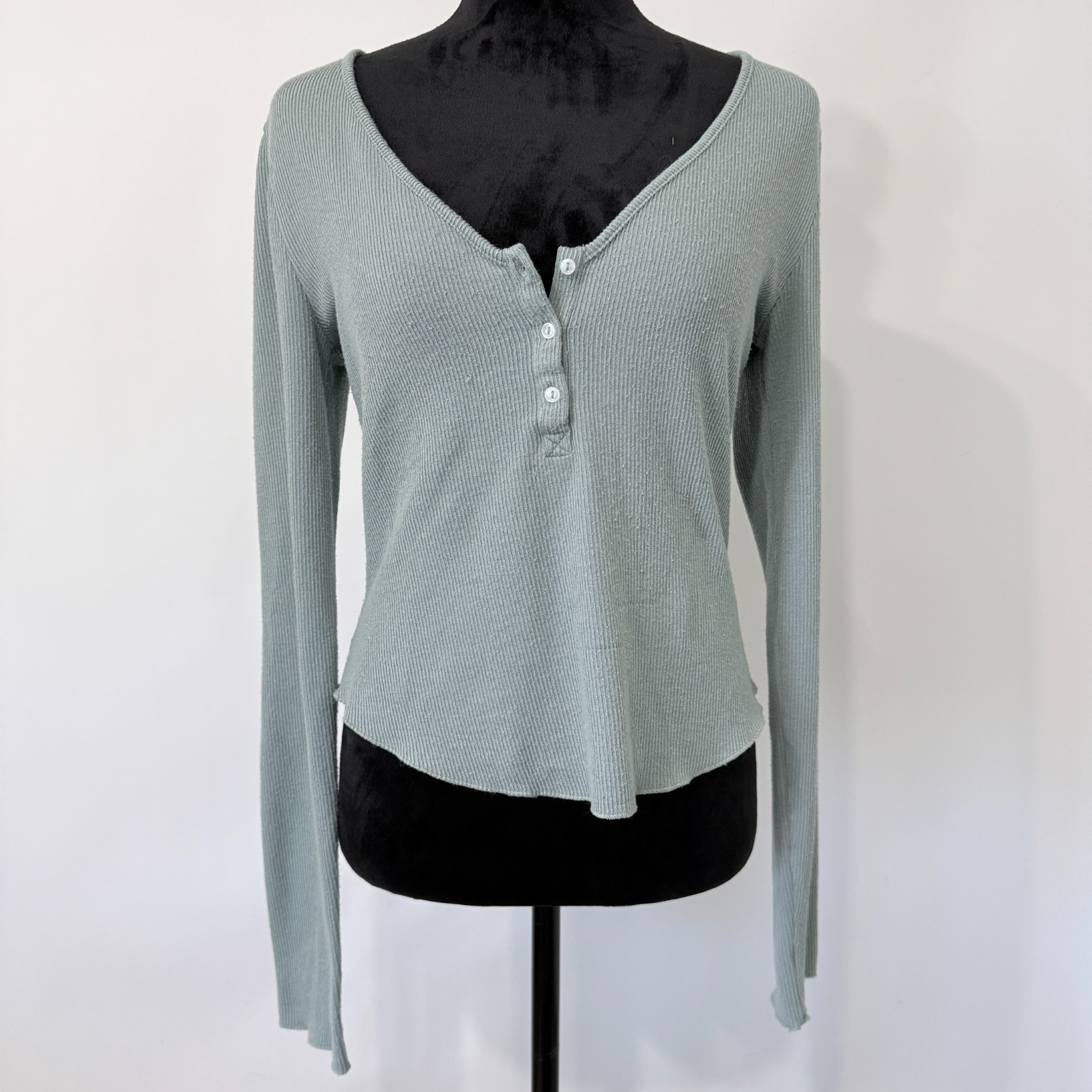 Intimately Free People Long Sleeve Ribbed Henley Top Size M Sage Green