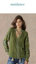 NEW SUNDANCE LIVING CATALOG Women’s Embroidered TOTORA Green Long Sleeve Top XS