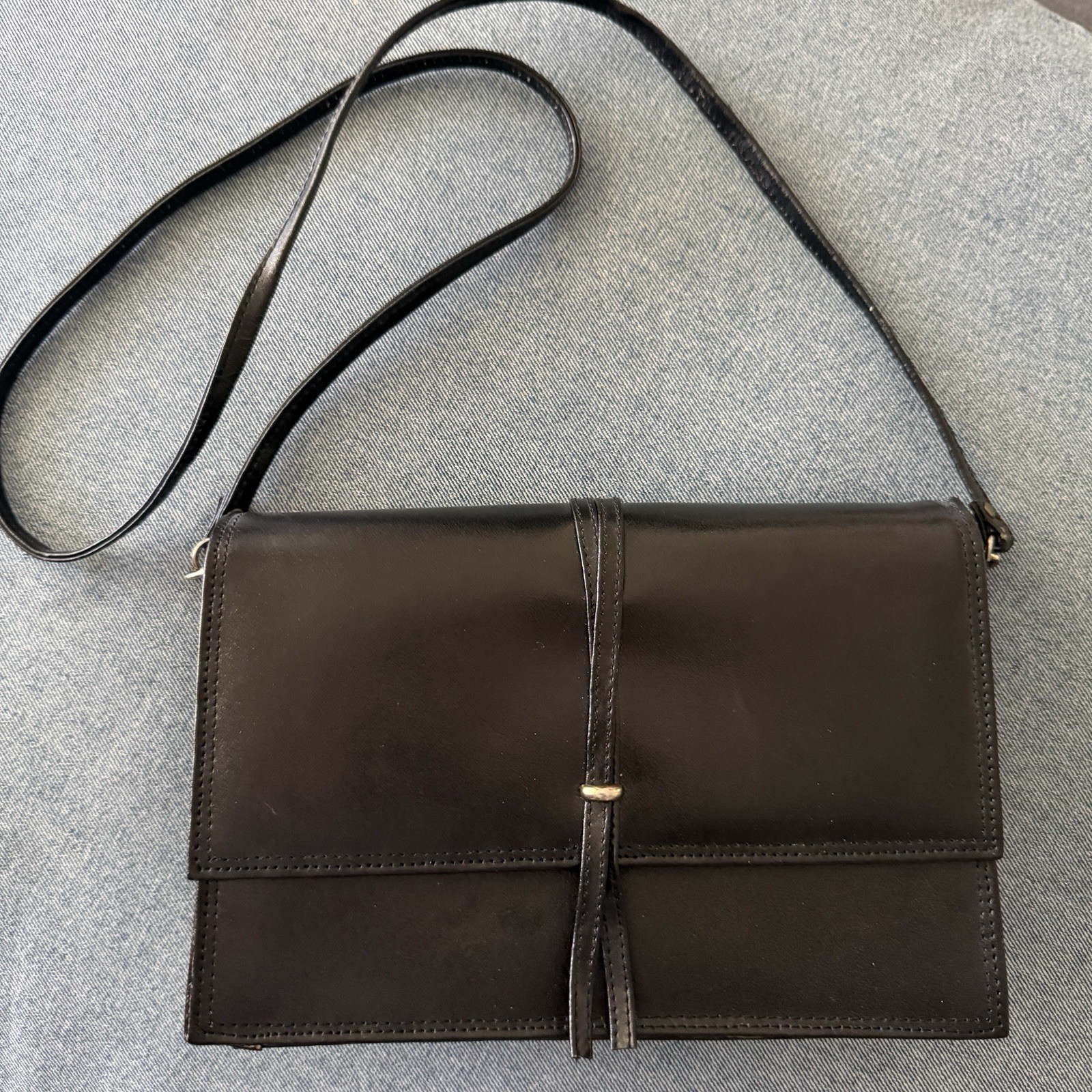 Vintage Koret Black Leather Envelope Crossbody Strap Clutch Purse Bag Unused