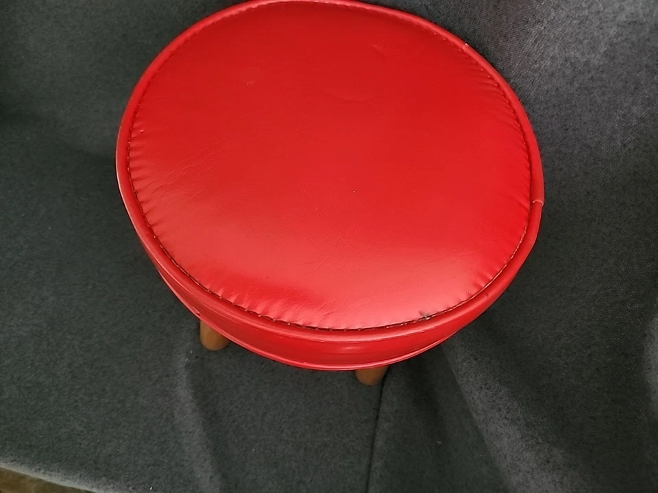 Taburete otomano pequeño Mid Century de vinilo azul retro imitación cuero MCM Foto 4 de 4