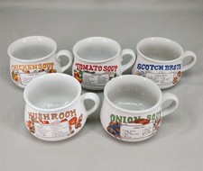 5 VINTAGE CERAMIC RECIPE SOUP MUGS CHICKEN TOMATO SCOTCH BROTH ONION & MUSHROOM